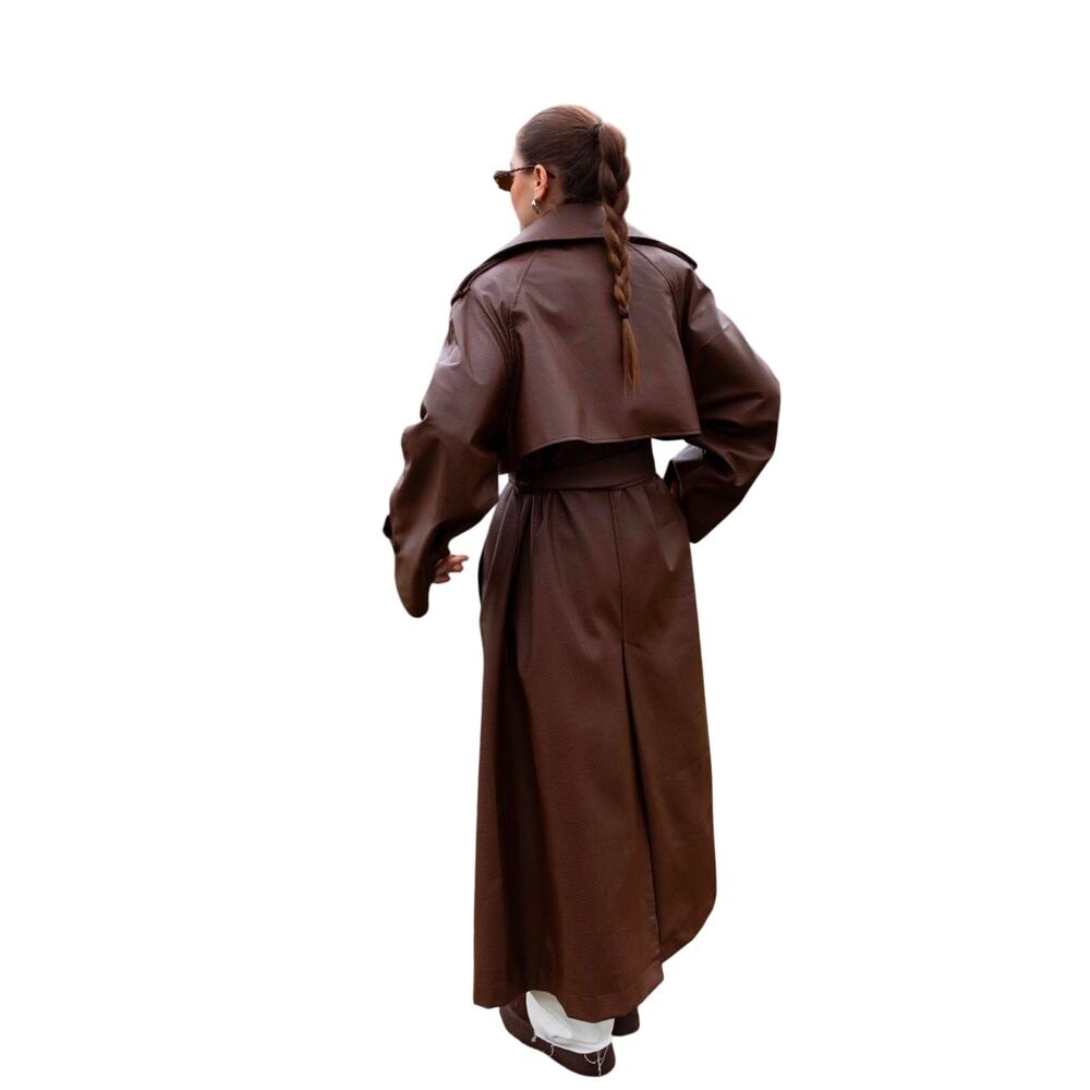 Brown Faux Leather Trench Coat with Belt – Brand New - Picture 1 of 8